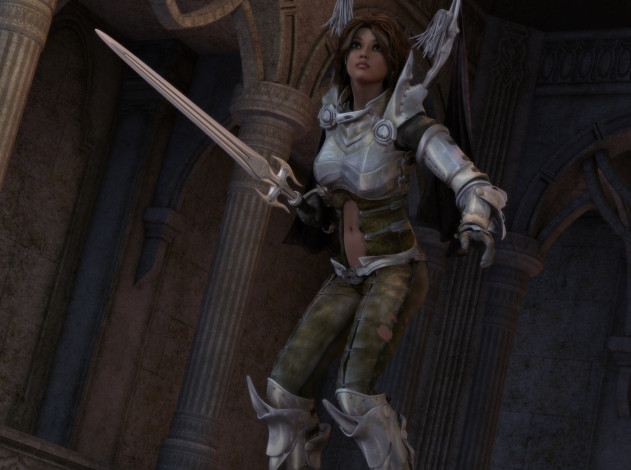 Обои картинки фото 3д графика, фантазия , fantasy, доспехи, оружие, фон, взгляд, девушка