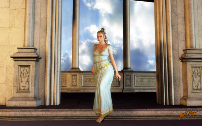 Обои картинки фото 3д графика, люди , people, небо, окно, фон, взгляд, девушка, платье