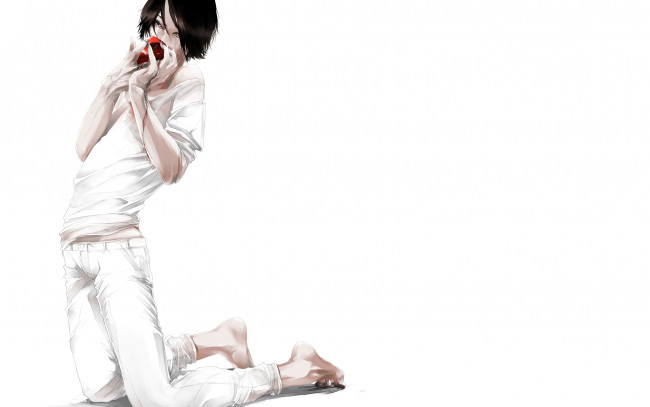 Обои картинки фото аниме, unknown,  другое, art, re, парень, яблоко, сок, белый