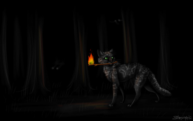 Обои картинки фото рисованное, животные,  сказочные,  мифические, факел, взгляд, фон, кот