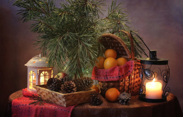Картинка еда фрукты +ягоды сосна апельсин фонарь яблоко шишки свеча