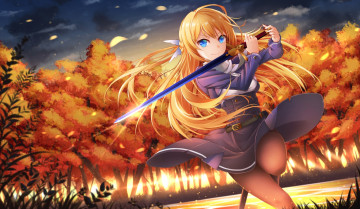 Картинка аниме оружие +техника +технологии healther осень лес девушка меч