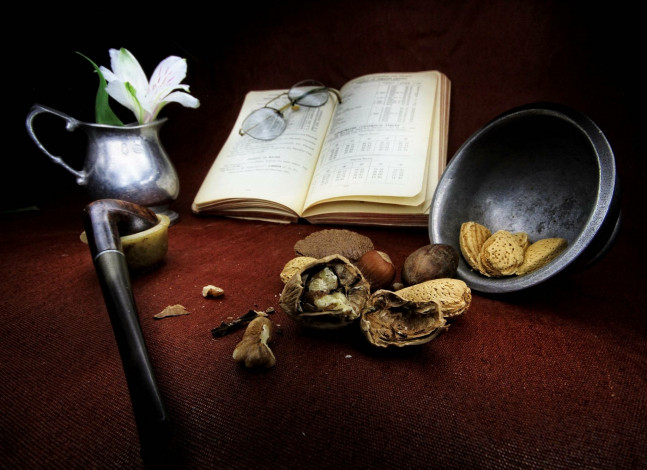 Обои картинки фото еда, натюрморт, очки, книга, трость, орехи