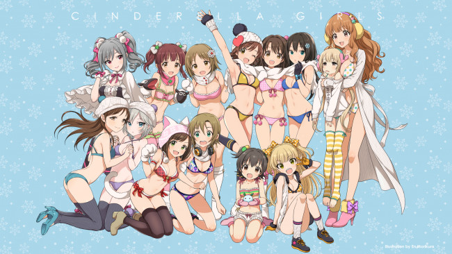 Обои картинки фото аниме, idolm@ster, morikura, en, арт, девушки, группа, зима