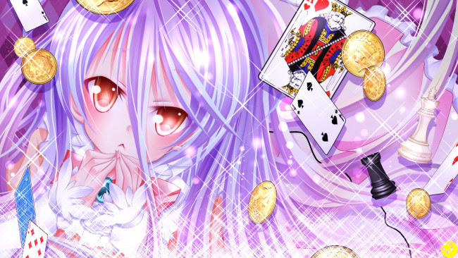 Обои картинки фото аниме, no game no life, no, game, life, shiro, mizuki, арт, монеты, шахматы, девочка, карты