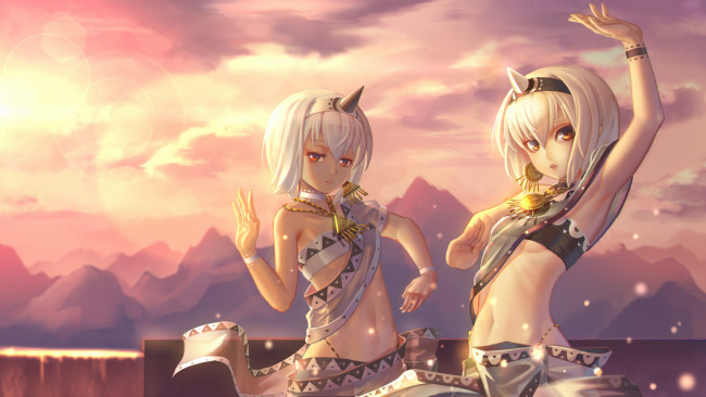 Обои картинки фото аниме, utavarerumono, utawarerumono, арт, девушки, небо, рожки