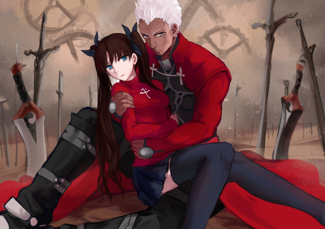 Обои картинки фото аниме, fate, stay night, stay, night, archer, tohsaka, rin, kubiao, мечи, слуга, мастер, арчер, рин, пара