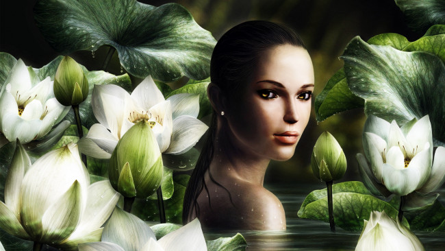 Обои картинки фото 3д графика, люди , people, девушка, фон, взгляд, цветы