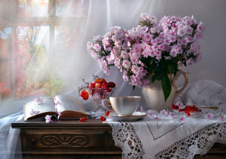 Картинка еда натюрморт книга виноград смородина флоксы букет