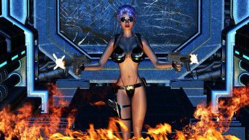 Картинка 3д+графика фантазия+ fantasy девушка фон очки оружие купальник