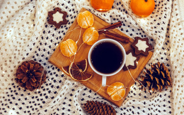 Картинка еда разное кофе мандарины печенье шишки