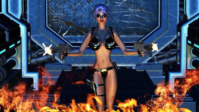 Обои картинки фото 3д графика, фантазия , fantasy, девушка, фон, очки, оружие, купальник
