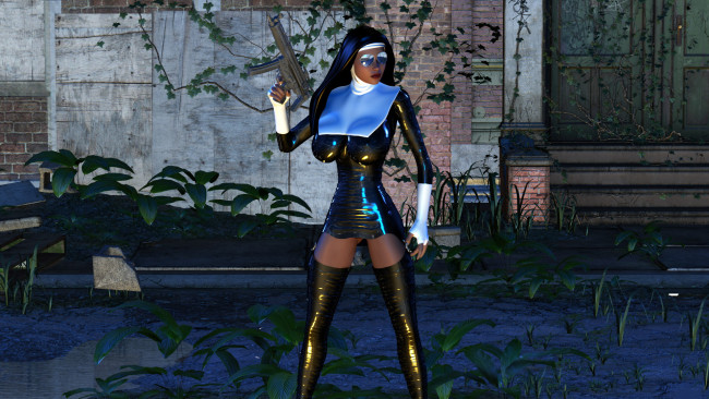 Обои картинки фото 3д графика, фантазия , fantasy, девушка, фон, монашка, униформа, латекс, автомат