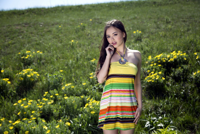 Обои картинки фото девушки, li moon, луг, цветы, азиатка