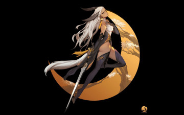 Картинка фэнтези существа девушка уши меч месяц