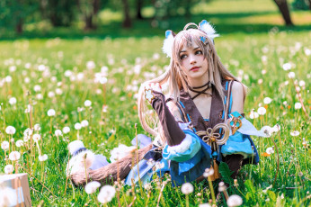 обоя девушки, tenletters, образ, костюм, косплей, поляна, трава, цветы