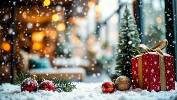 обоя праздничные, подарки и коробочки, снег, шарики, украшения, ёлка, подарок
