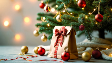 обоя праздничные, подарки и коробочки, ёлка, шарики, украшения, пакет, подарок