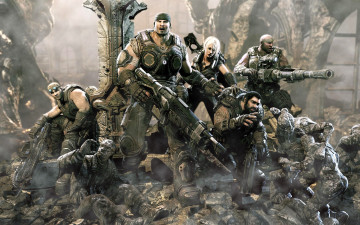 Картинка видео+игры gears+of+war+3 воины команда оружие развалины
