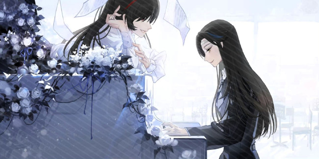 Обои картинки фото аниме, mo dao zu shi, лань, ванцзы, вэй, усянь, пианино, цветы