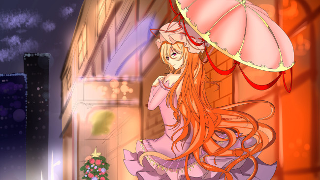 Обои картинки фото аниме, touhou, девушка, чепчик, зонт, дома, ёлка, город