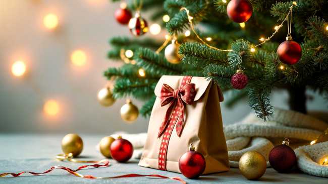 Обои картинки фото праздничные, подарки и коробочки, ёлка, шарики, украшения, пакет, подарок