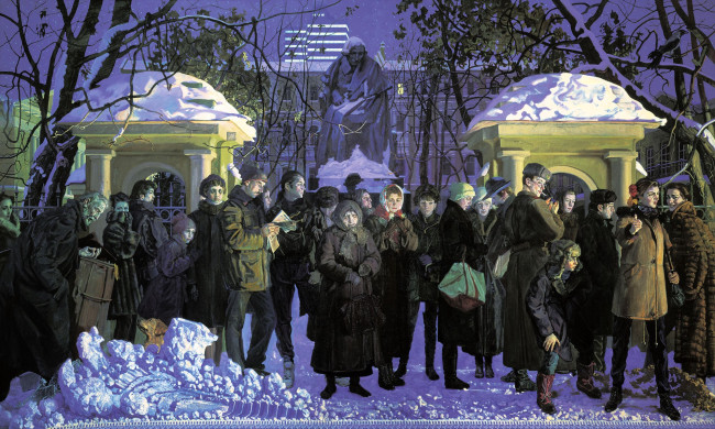 Обои картинки фото михаил шаньков, рисованное, люди, остановка, снег, зима, здания, статуя