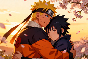 обоя аниме, naruto, узумаки, наруто, учиха, саске, объятия, цветение