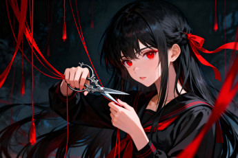обоя аниме, wuthering waves, девушка, лента, нити, ножницы