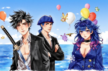 обоя аниме, unknown,  другое , парни, костюмы, меч, шляпа, девушка, море, шарики, существа