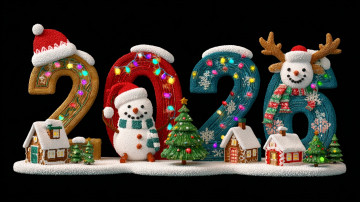 обоя праздничные, 3д графика , новый год, цифры, год, домики, олень, снеговик, ёлки