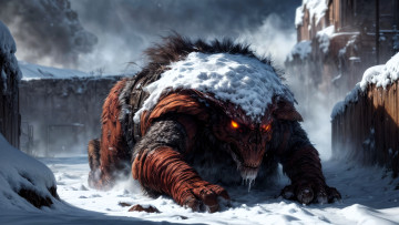 Картинка фэнтези существа звер мех снег здания улица