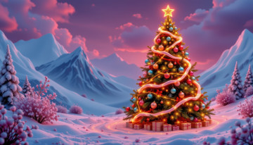 Картинка автор+wp+stl 3д+графика праздники+ holidays горы снег елка подарки