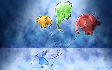 обоя рисованное, vladstudio, человечек, лыжи, шарики, слоны