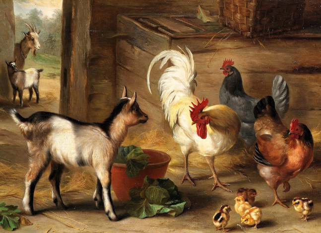 Обои картинки фото рисованное, edgar hunt, сарай, козы, куры, сено, капуста
