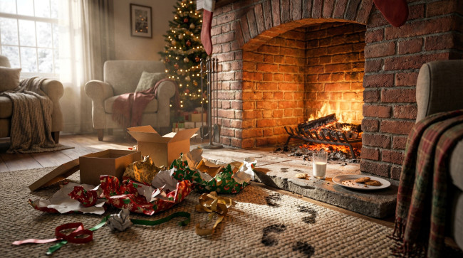 Обои картинки фото 3д графика, праздники , holidays, камин, огонь, ёлка, новый, год, кресла, следы, ковер, упаковка