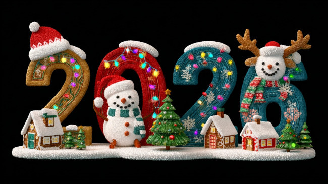 Обои картинки фото праздничные, 3д графика , новый год, цифры, год, домики, олень, снеговик, ёлки