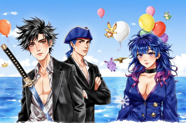 Обои картинки фото аниме, unknown,  другое , парни, костюмы, меч, шляпа, девушка, море, шарики, существа