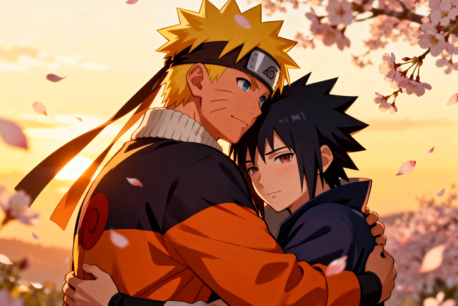 Обои картинки фото аниме, naruto, узумаки, наруто, учиха, саске, объятия, цветение