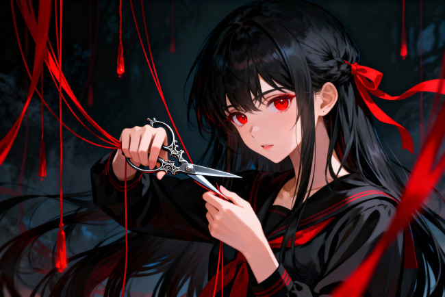 Обои картинки фото аниме, wuthering waves, девушка, лента, нити, ножницы