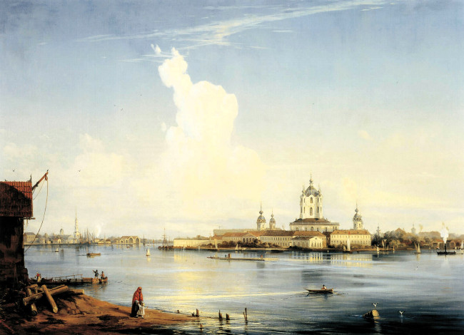 Обои картинки фото алексей боголюбов, рисованное, дворец, люди, здания, озеро