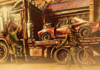 обоя рисованные, люди, грузовик