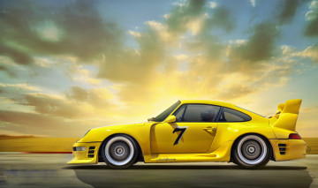 Картинка автомобили porsche рассвет дорога авто желтый
