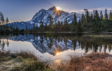 Картинка природа восходы закаты горы река лес туман солнце лучи