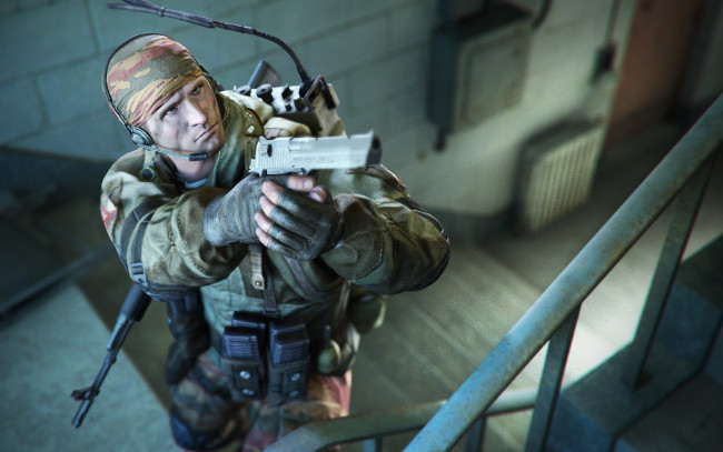 Обои картинки фото arctic combat, видео игры, - arctic combat, пистолет, рация, лестница, солдат, оружие