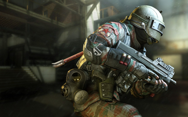 Обои картинки фото arctic combat, видео игры, - arctic combat, каска, автомат, снаряжение, оружие, солдат, противогаз