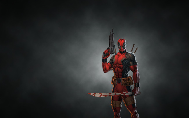 Обои картинки фото deadpool, рисованные, комиксы, меч, темный, фон, оружие, пушки, красный, дэдпул