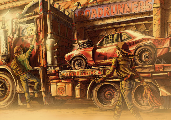 Обои картинки фото рисованные, люди, грузовик