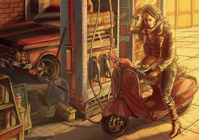 Обои картинки фото рисованные, люди, шлем