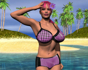 Картинка 3д+графика люди+ people девушка пальмы море рыжая фон взгляд пляж песок цветок